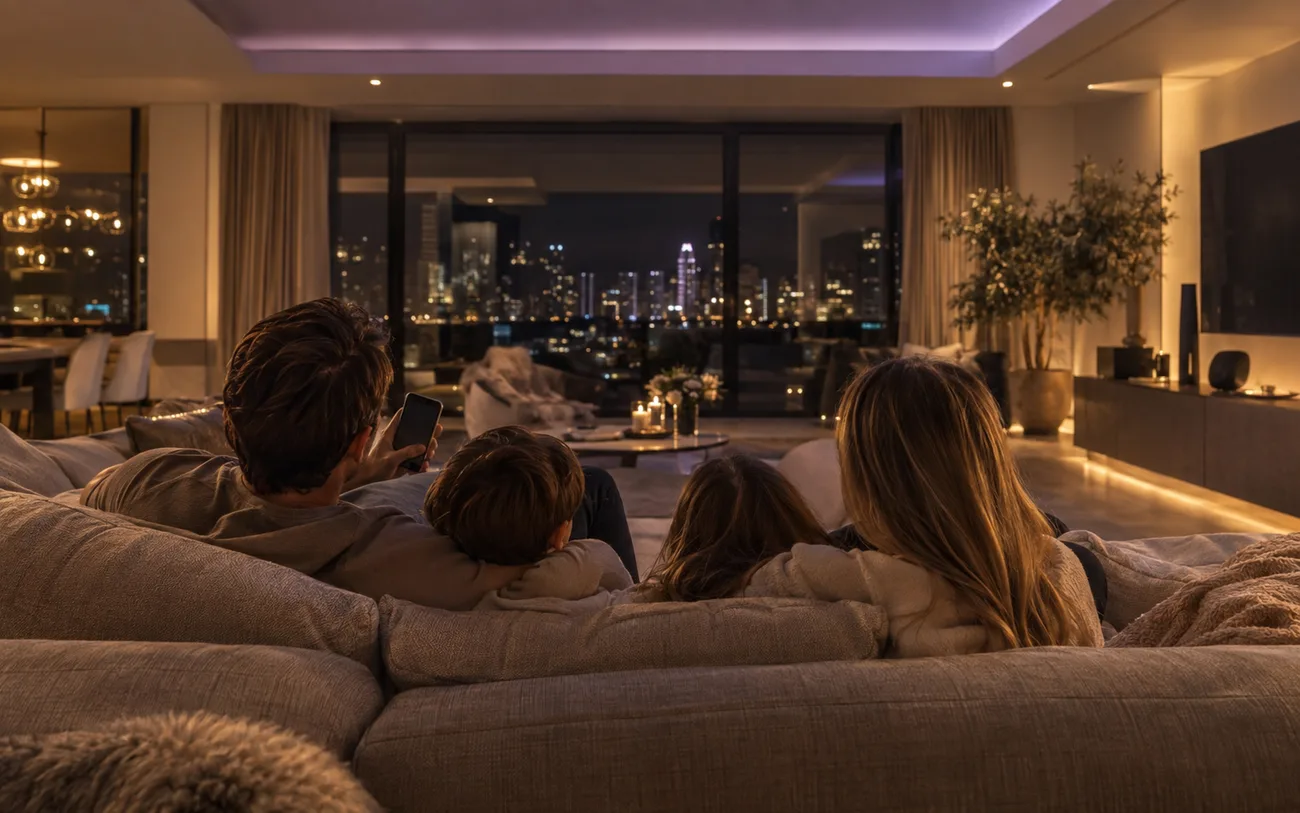Family relaxing at home while the smart home app runs in the background