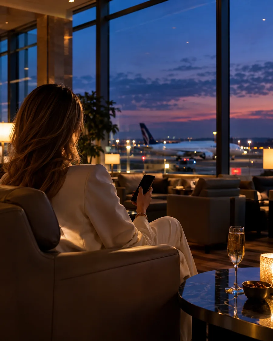 Homeowner controlling her smart home remotely from an airport