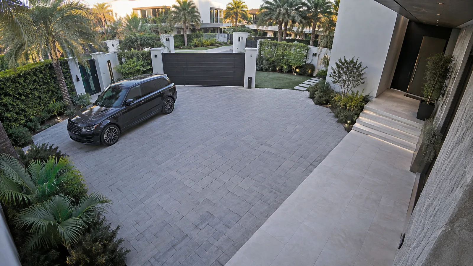 Driveway and entrance of a modern home seen from a smart security camera