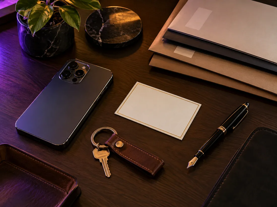 Organized home documents, warranty cards and keys on a desk