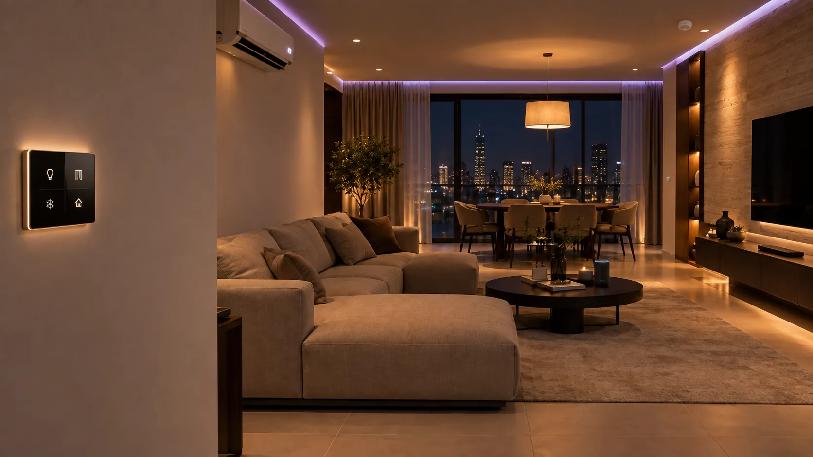 The same living room after smart home transformation with automated lighting and climate