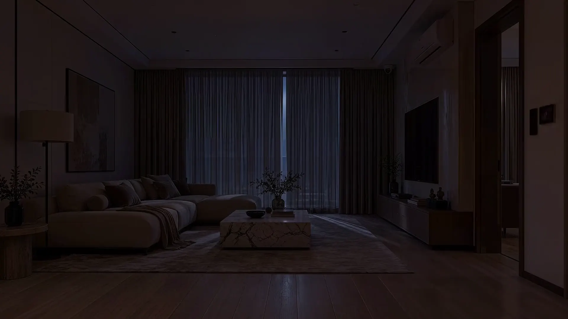 Modern living room before smart home installation, lights off