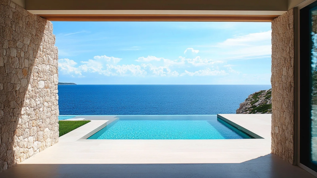 View to the crystal clear sea from inside a home in Cyprus next to private pool